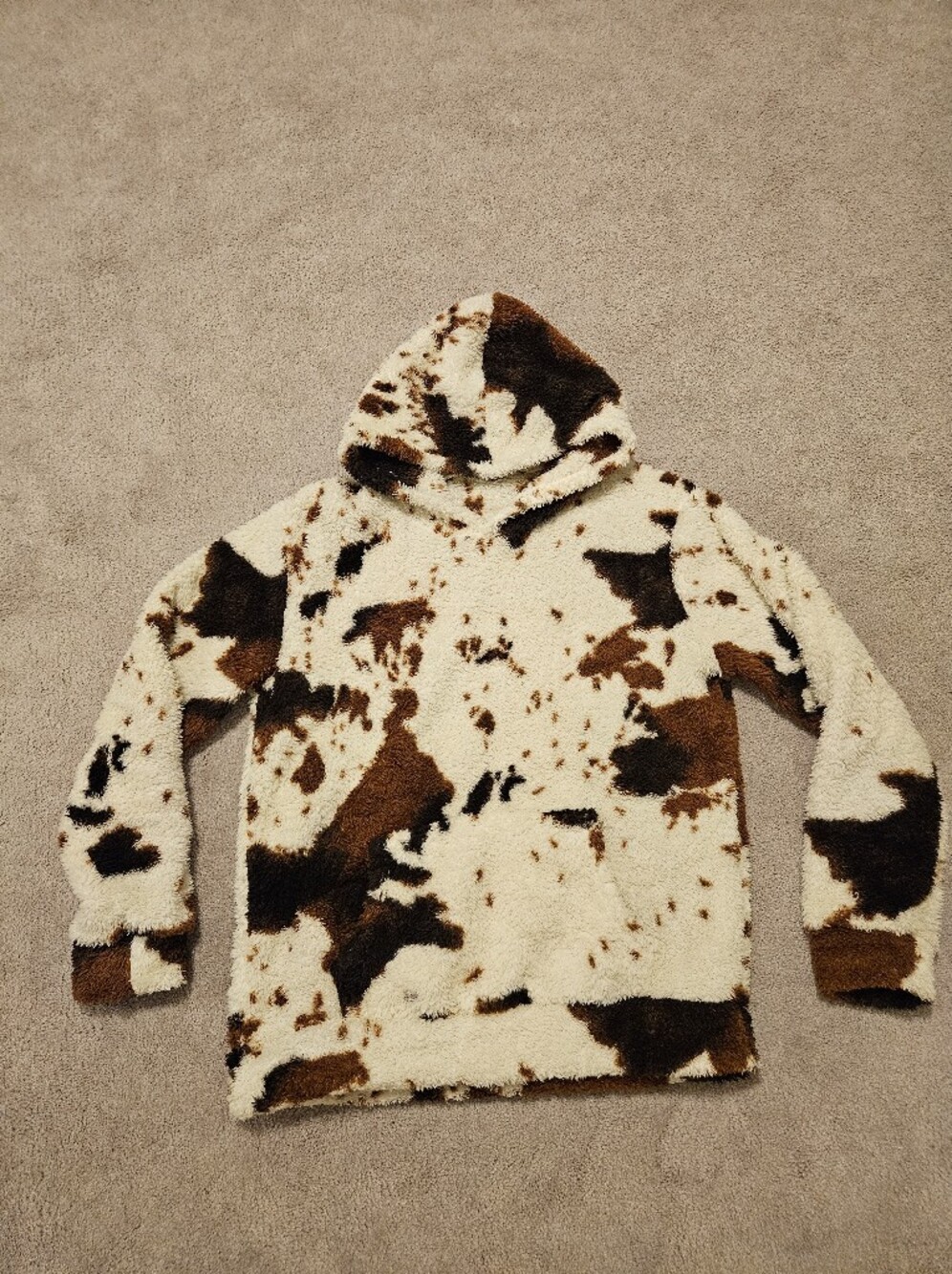 Cozy Cow Print Sherpa Pullover - Cream, Brown, Black